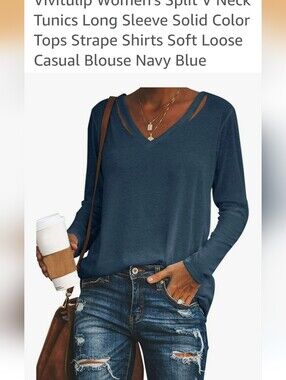 Women’s Long Sleeve Tee - Blue with slits on the collerbone,lightweight, cute